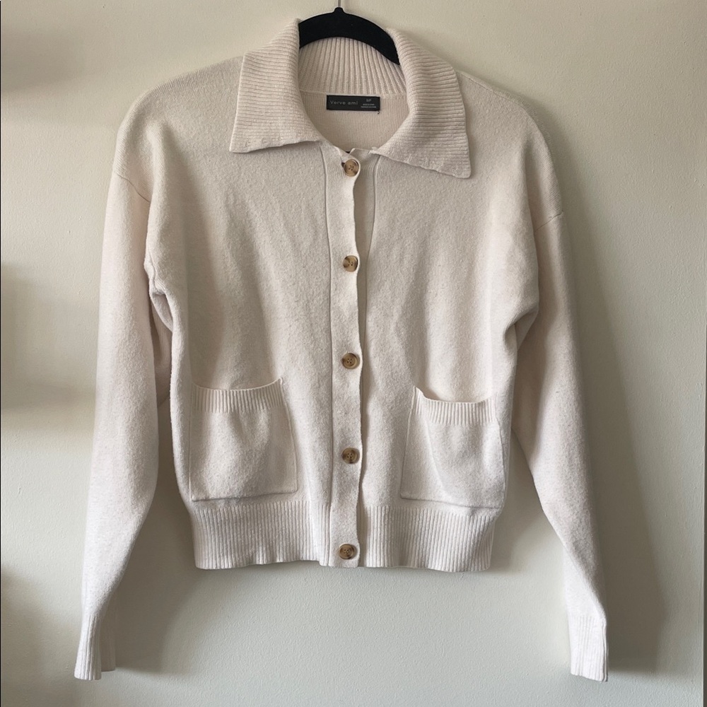 Verve Ami|Women's Preppy Cream Button-Up Sweater with collar|Small|EUC